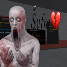 a man with blood on his face stands in front of a wall that says svfm