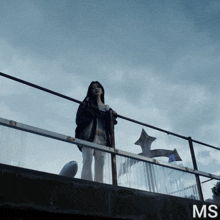 a woman standing on top of a railing with the word ms on the bottom