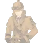 a cartoon character wearing a trench coat and goggles is waving his hand in the air .