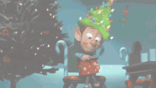 a cartoon elf is sitting in front of a christmas tree with candy canes