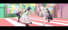 a group of anime girls are dancing on a red carpet in a room .