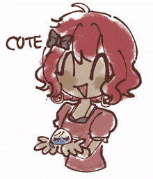 a drawing of a girl with red hair and the word cute