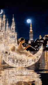 a woman is playing a flute while sitting on a crescent moon .