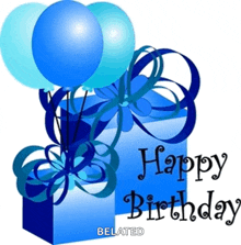 a blue box with balloons and the words happy birthday belated on it