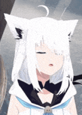 a girl with white hair and cat ears is making a face .