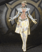 a woman in a white and gold costume is standing in front of a logo