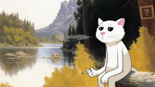a cartoon of a cat smoking a cigarette in front of a lake
