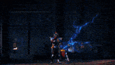 a person is standing in front of a fire with lightning strikes