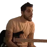 a man with a beard is holding a guitar with a white background
