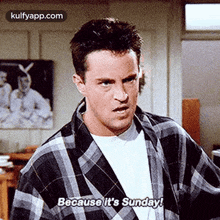 a man in a plaid shirt is standing in a room and says `` because it 's sunday ! ''