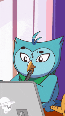 a cartoon owl is sitting in front of a laptop with a pen in its beak