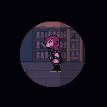 a pixel art of a girl drinking a drink from a bottle in a store .