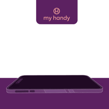 a purple sign that says my handy with a phone in front of it