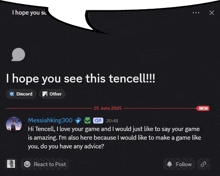 a screenshot of a discord conversation between messiahking300 and i hope you see this tencell !!!
