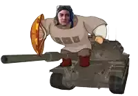 a cartoon of a man riding a tank with a shield