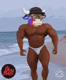 a cartoon of a bull wearing a hat and sunglasses on a beach