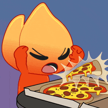 a cartoon character is taking a slice of pepperoni pizza from a box