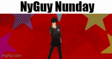 a man in a suit is dancing in front of a red background and the words nyguy nunday