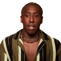a man wearing a striped shirt and a necklace is looking at the camera