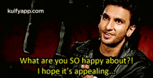 a man in a leather jacket is making a funny face and saying `` what are you so happy about ? ''