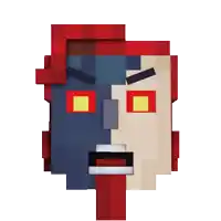 a pixel art drawing of a man 's face with a blue and red half
