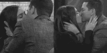 a black and white photo of a man and a woman kissing