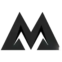 a black triangle with a white letter m on a white background