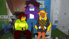 a group of cartoon characters are standing next to each other with the number 34,113,865 in the background