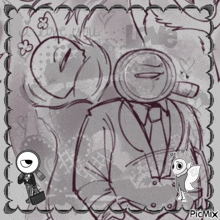 a black and white drawing of a man with a magnifying glass on his head and the words love you
