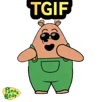 a cartoon bear wearing green overalls and sunglasses with the word tgif above it