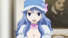 a girl with blue hair is wearing a blue hat with a pink flower on it