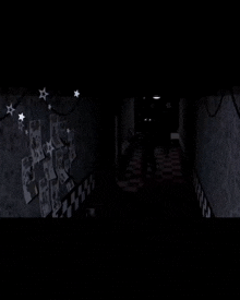 a video game character is standing in a dark hallway