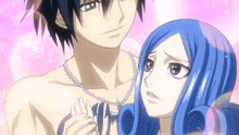a boy and a girl are standing next to each other and the girl has blue hair