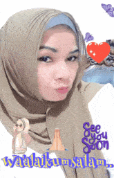 a woman wearing a hijab with the words see you soon written below her