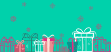a row of colorful christmas presents on a green background with snowflakes
