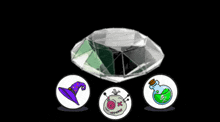 a diamond is surrounded by three icons including a witch hat and a bottle of poison