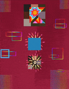 a red background with colorful squares and a rainbow