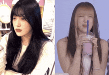 a woman with long black hair is drinking a pink drink