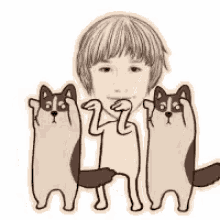 a boy is standing next to two cats that are holding each other .