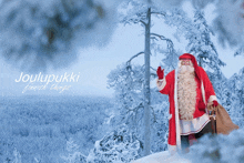 a picture of santa claus in the snow with the words joulupukki finnish things above him