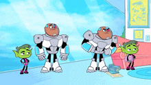 a group of cartoon characters standing next to each other