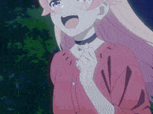 a girl with pink hair and a choker on her neck