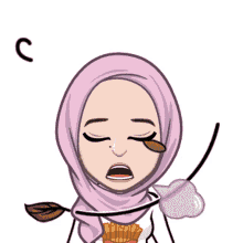 a cartoon of a woman wearing a pink hijab and a white shirt with french fries