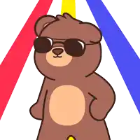 a teddy bear wearing sunglasses is standing in front of a rainbow