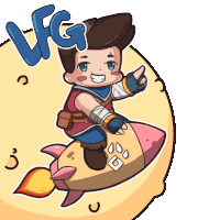 a cartoon of a boy riding a rocket with the letters lfg behind him