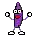 a pixel art illustration of a purple object with a red face and a balloon in its mouth .