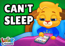 a cartoon of a lion laying in bed with the words can 't sleep