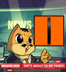 a cartoon cat with a mustache is standing in front of a breaking news sign