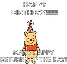 a happy birthday card with winnie the pooh , tigger , piglet , and eeyore wearing party hats