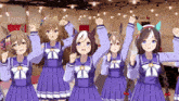 a group of anime girls in purple uniforms are raising their fist in the air